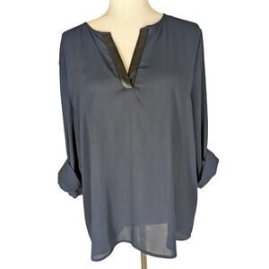41 Hawthorn Top Womens XL 3/4 Sleeve Roll Tab V Neck Navy w/ Faux Leather Trim